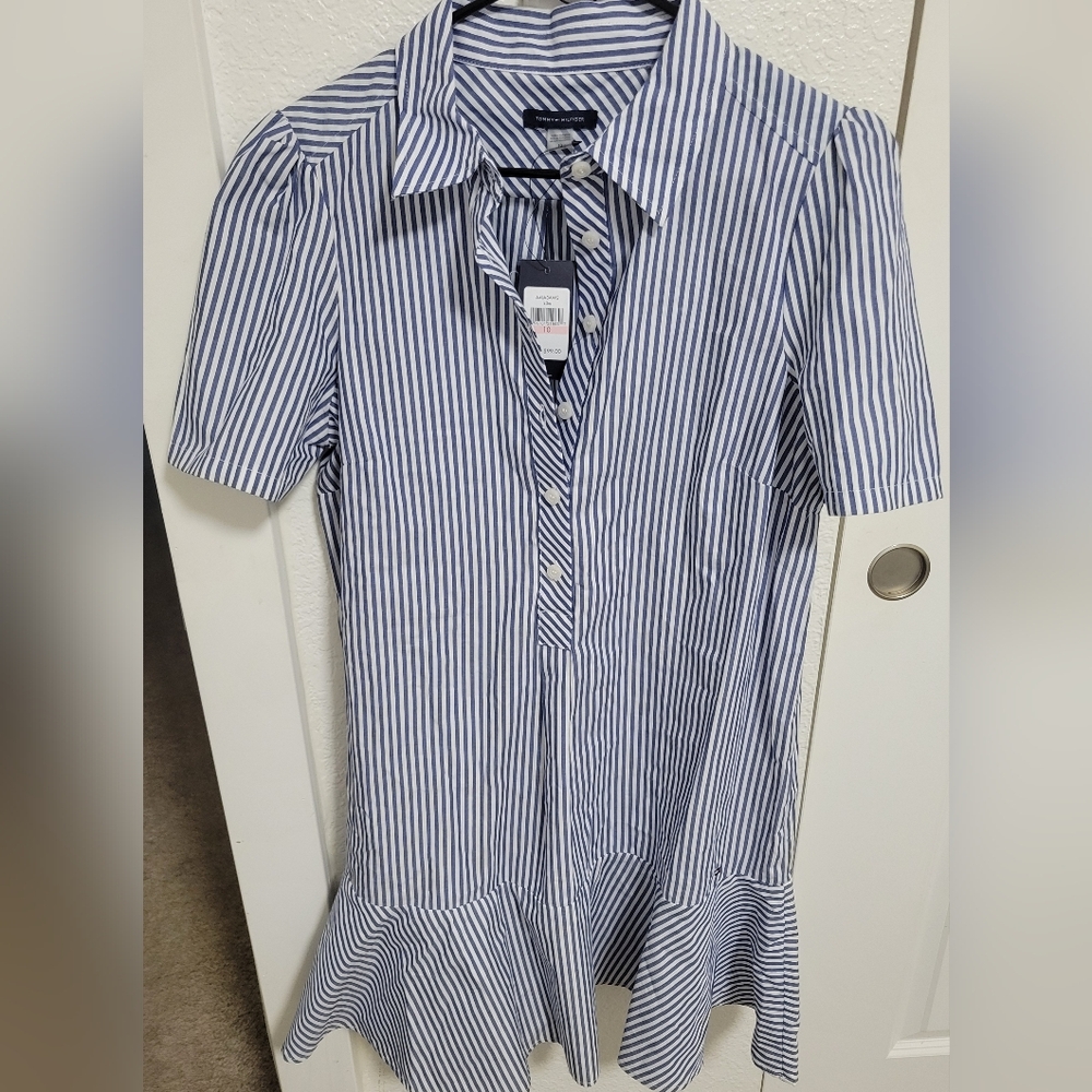 Blue and White Striped Shirt Dress